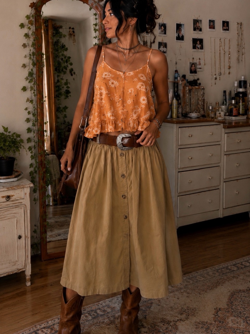 y2k boho BUNDLE j.crew midi skirt + floral cami coastal cowgirl